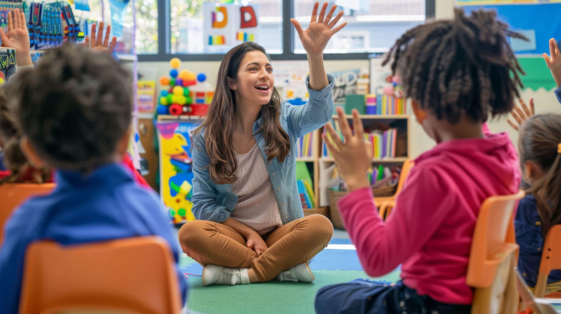 A teacher smiling with her students